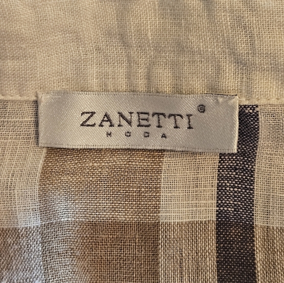 Zanetti Womens Cream Tan Blue Plaid Long Roll Tab Sleeve Linen Blouse Size XXXL - Picture 9 of 12
